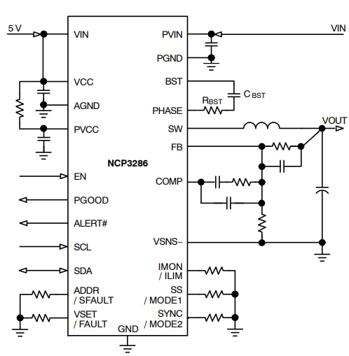 应用电路图 - onsemi NCP3286可堆叠同步降压稳压器